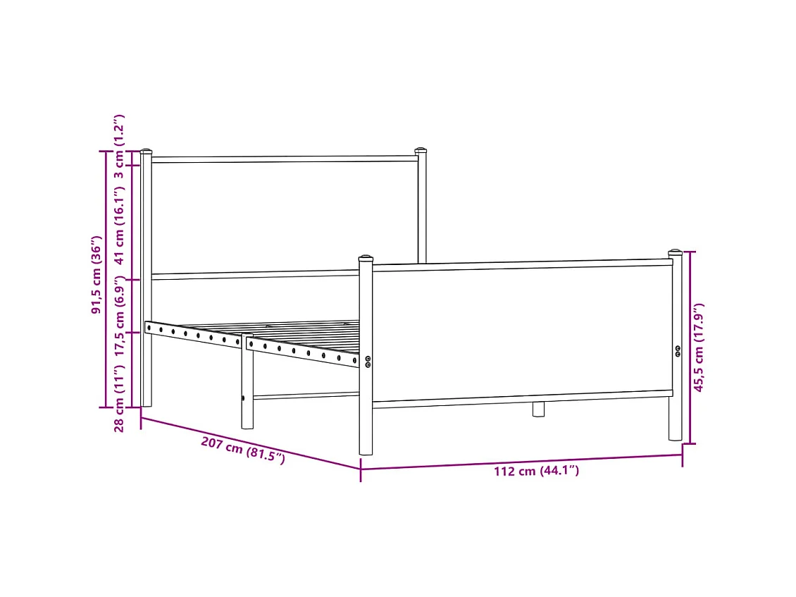 Cadre de lit en métal sans matelas chêne marron 107x203 cm