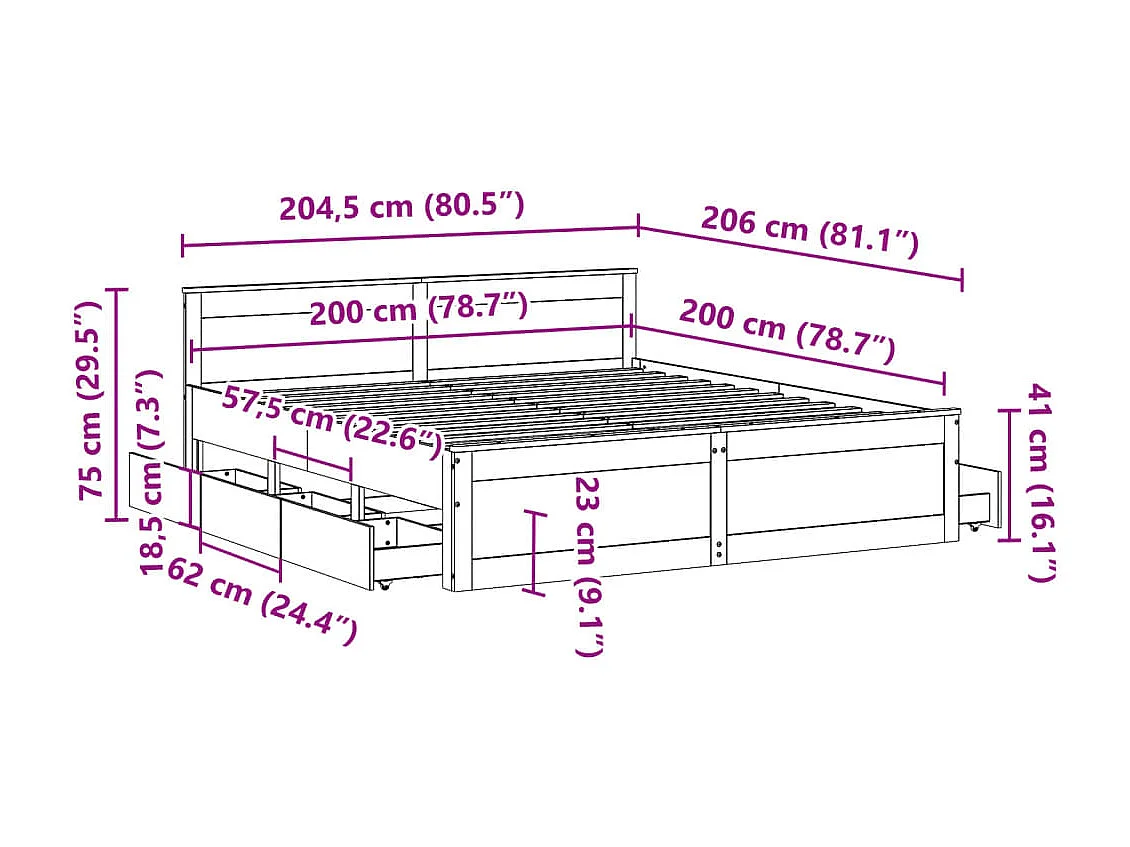 Cadre de lit sans matelas avec tête de lit 200x200 cm bois pin