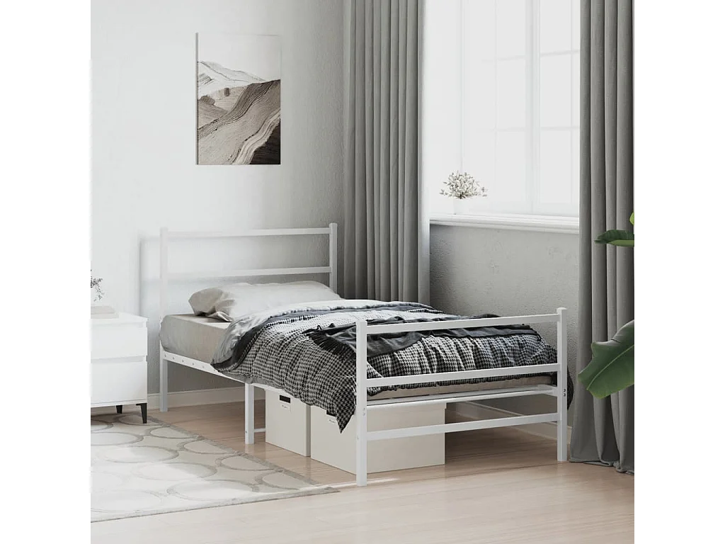 Cadre de lit métal sans matelas et pied de lit blanc 107x203 cm