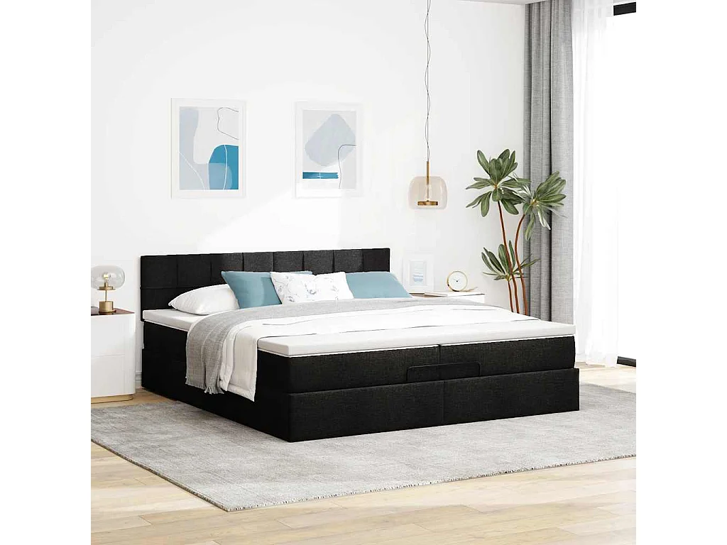 Struttura Letto Pouf con Materassi Nero 200x200 cm in Tessuto