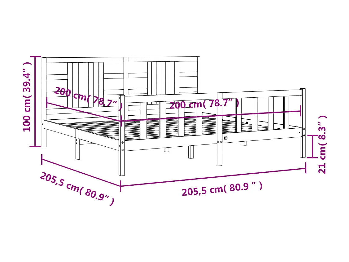 Cadre de lit sans matelas noir 200x200 cm bois massif de pin