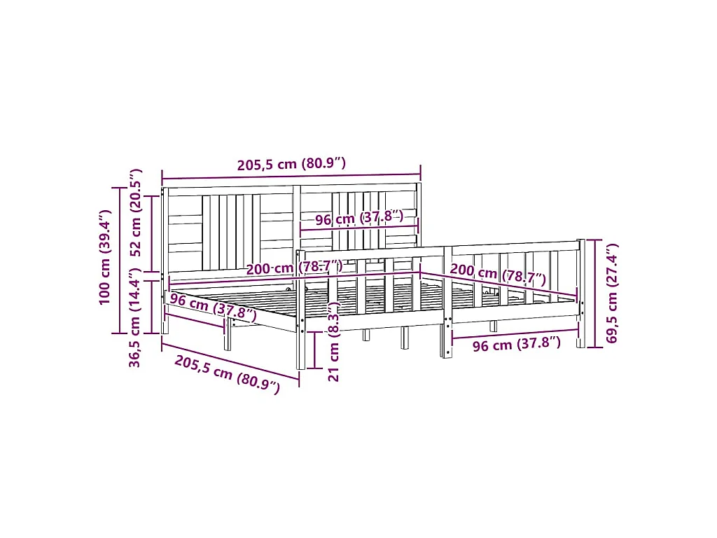 Cadre de lit sans matelas noir 200x200 cm bois massif de pin