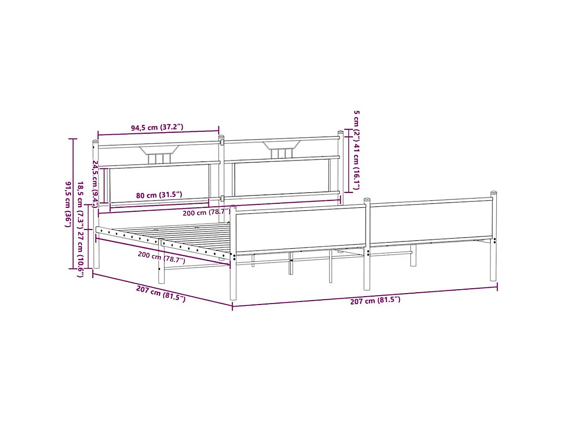 Cadre de lit en métal sans matelas chêne sonoma 200x200 cm