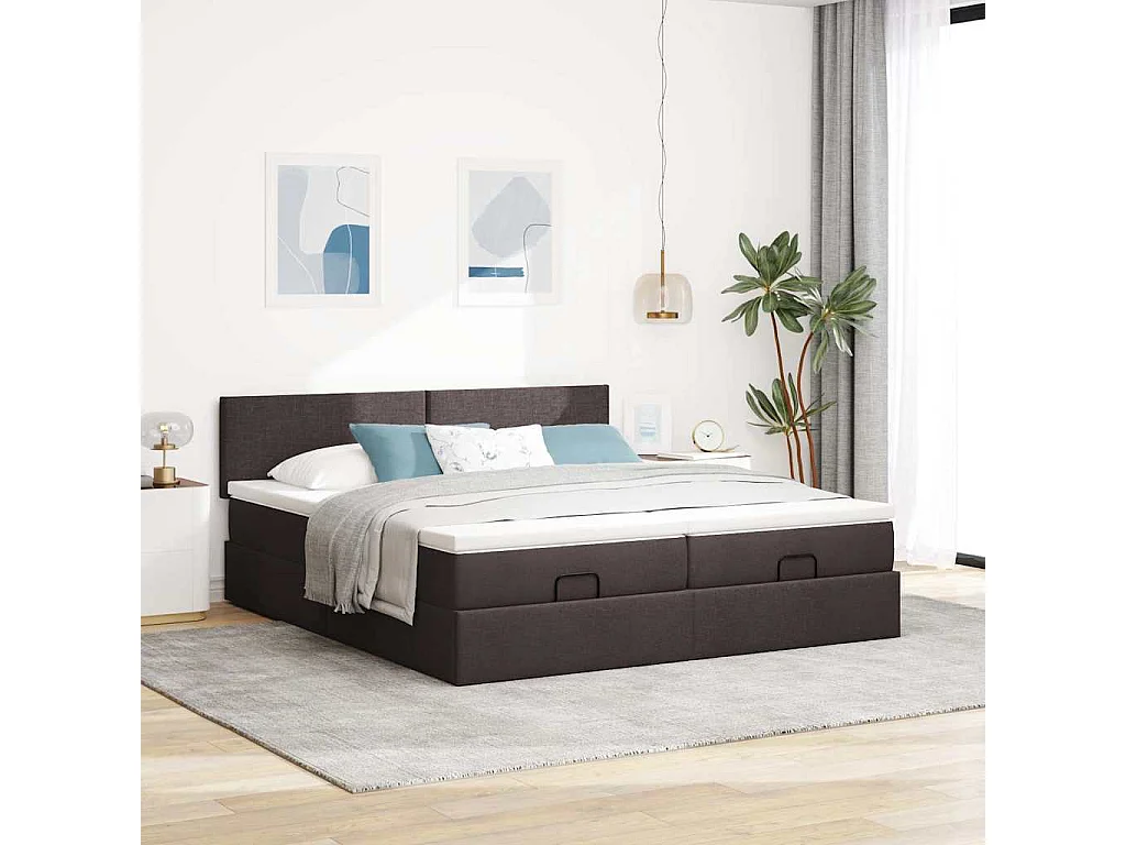 Ottoman-Bett mit Matratzen & LEDs Dunkelbraun 200x200 cm Stoff