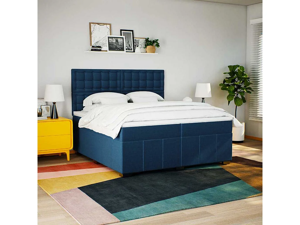 Cama box spring con colchón tela azul 200x200 cm