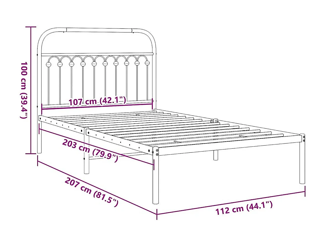 Cadre de lit métal sans matelas avec tête de lit noir 107x203cm