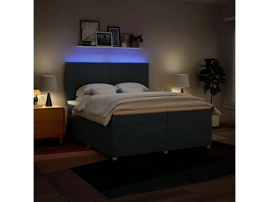 Cama box spring con colchón tela azul 200x200 cm