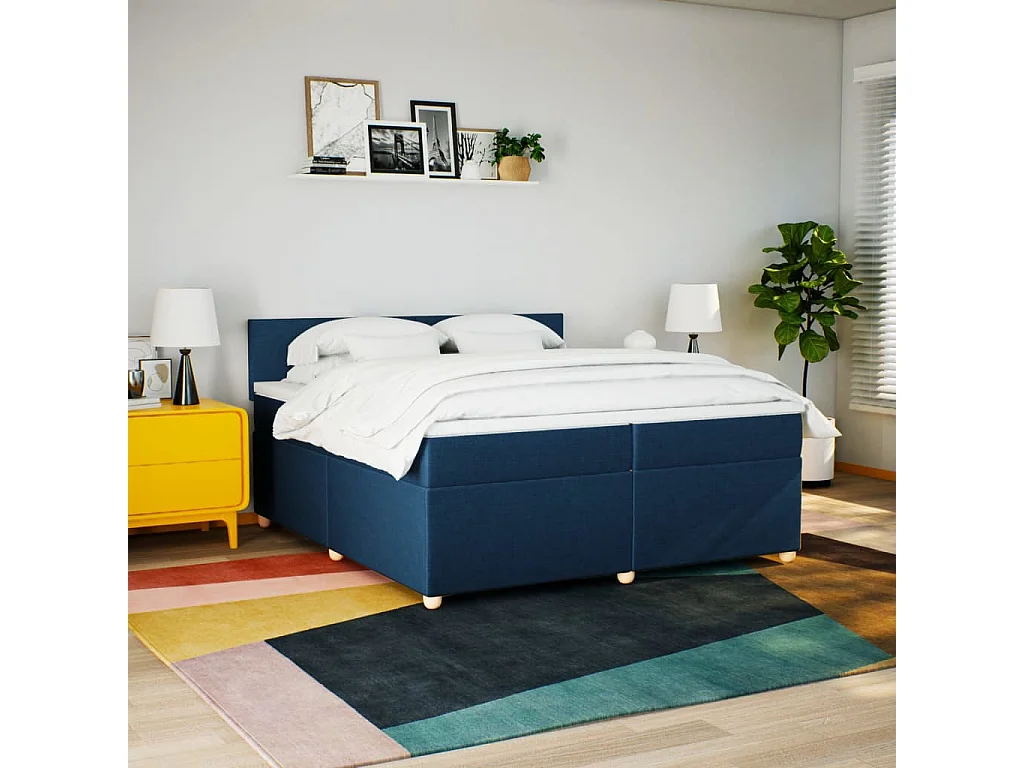 Cama box spring con colchón tela azul 200x200 cm