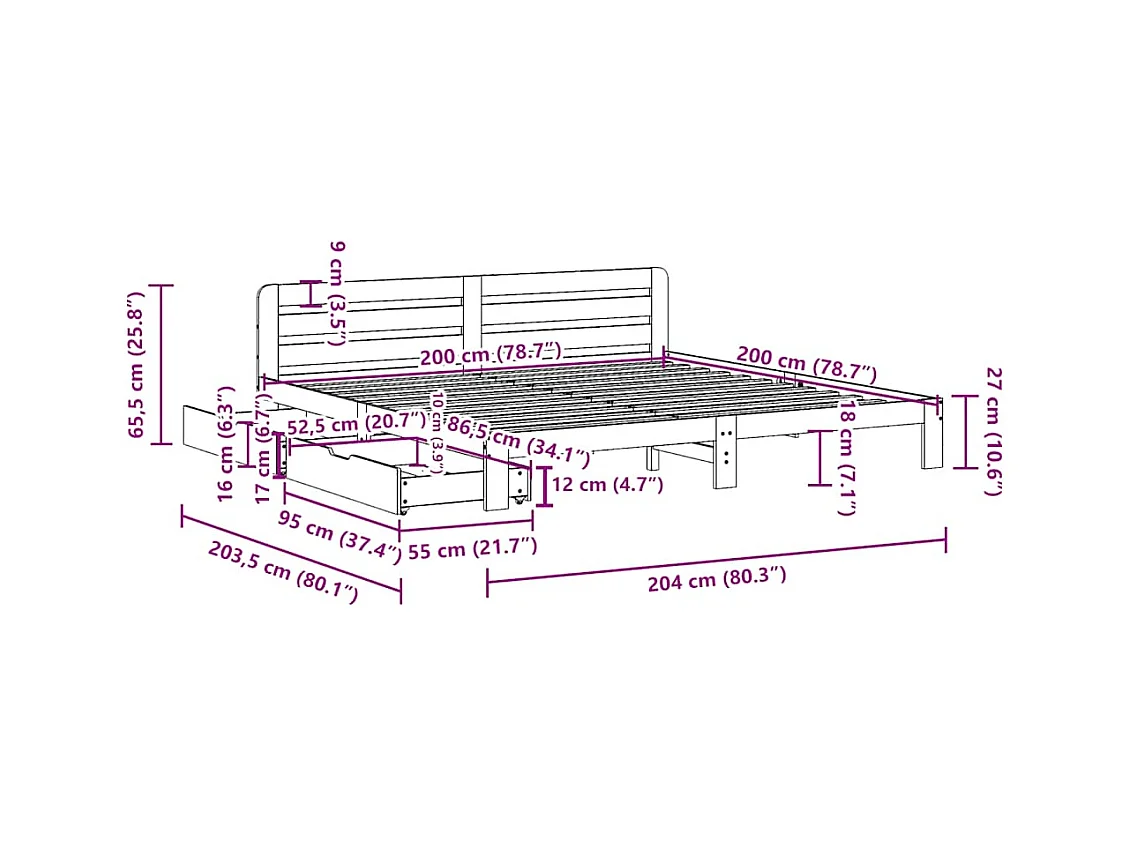 Cadre de lit sans matelas blanc 200x200 cm bois massif de pin