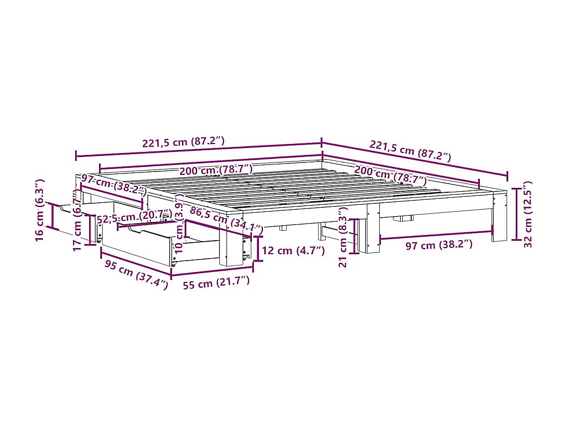 Cadre de lit sans matelas blanc 200x200 cm bois massif de pin