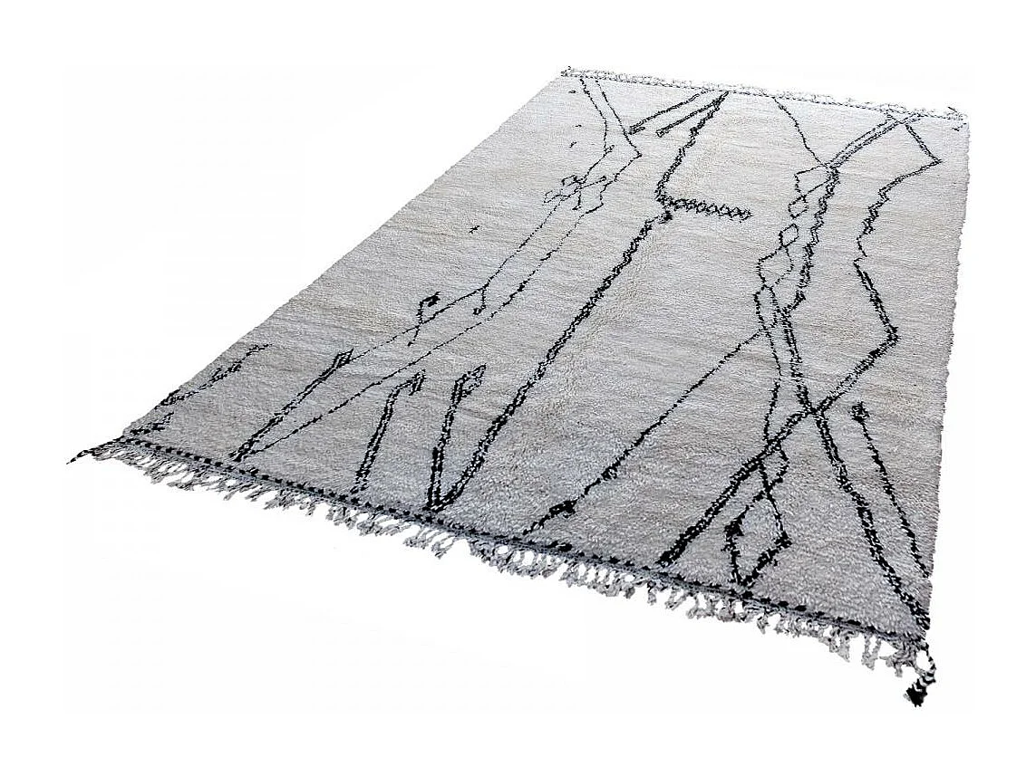 Authentique tapis berbère 250x355 fait à la main en laine blanc cassé et noir BENI OUARAIN AJ