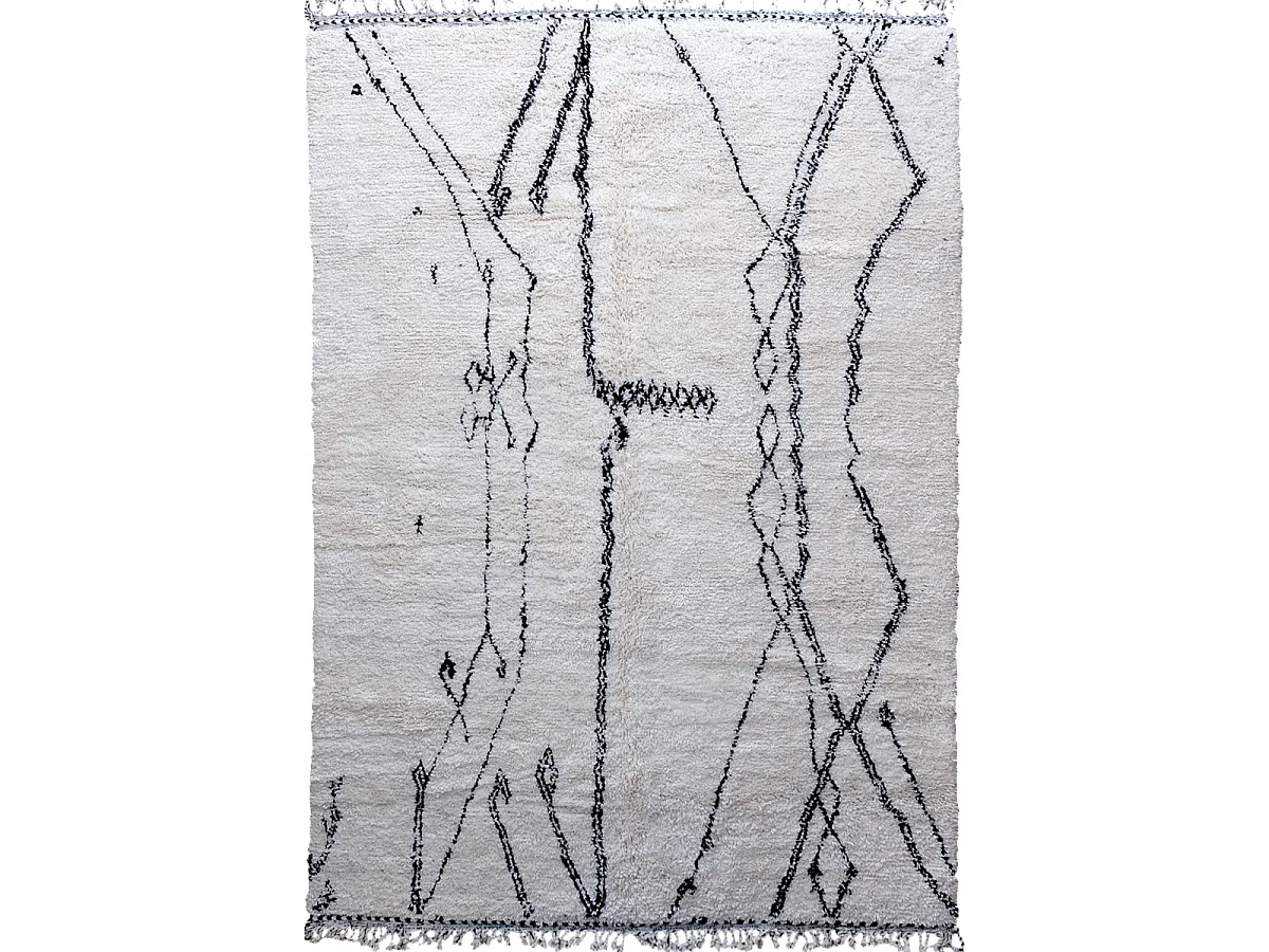 Authentique tapis berbère 250x355 fait à la main en laine blanc cassé et noir BENI OUARAIN AJ