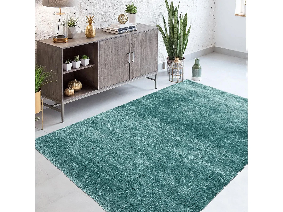 Tapis longs poils shaggy 280x370 rectangle tissé bleu et turquoise motif uni