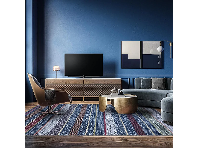 tapis entrée 115x180 tissé bleu et rouge rectangle motif ethnique NOBASTA