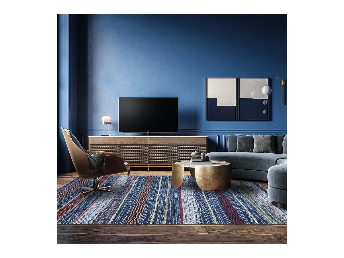 tapis entrée 115x180 tissé bleu et rouge rectangle motif ethnique NOBASTA