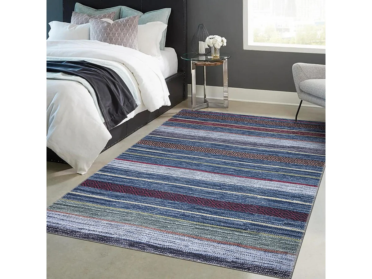 tapis entrée 115x180 tissé bleu et rouge rectangle motif ethnique NOBASTA
