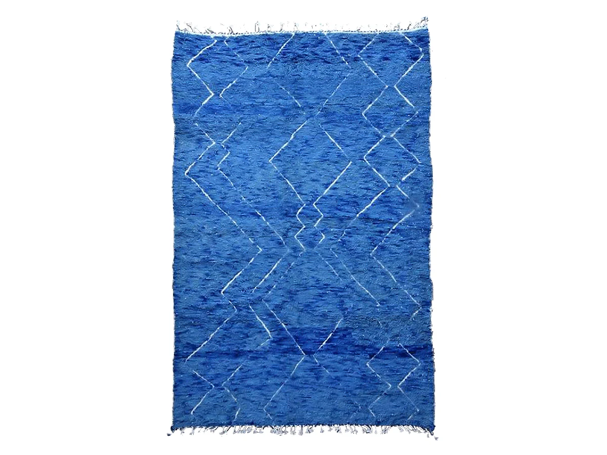 Authentique tapis berbère 210x310 fait main en laine bleu et blanc KSABOL