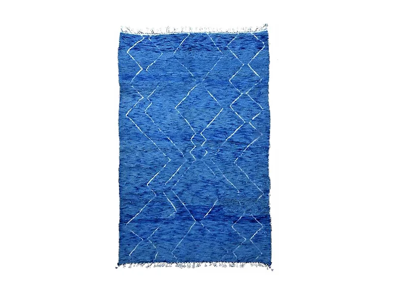 Authentique tapis berbère 210x310 fait main en laine bleu et blanc KSABOL