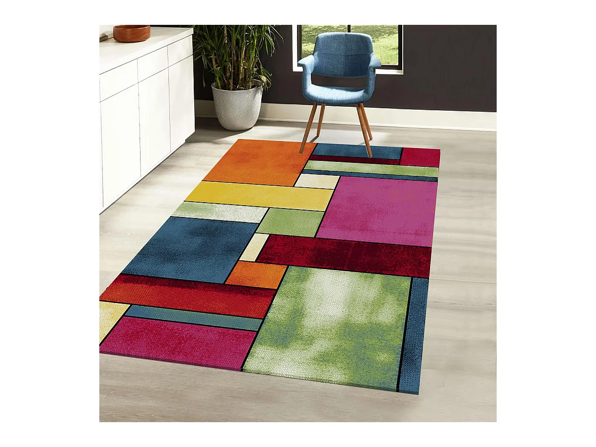 tapis salon 140x140 tissé multicolore carré motif géométrique LYN8 GEOME