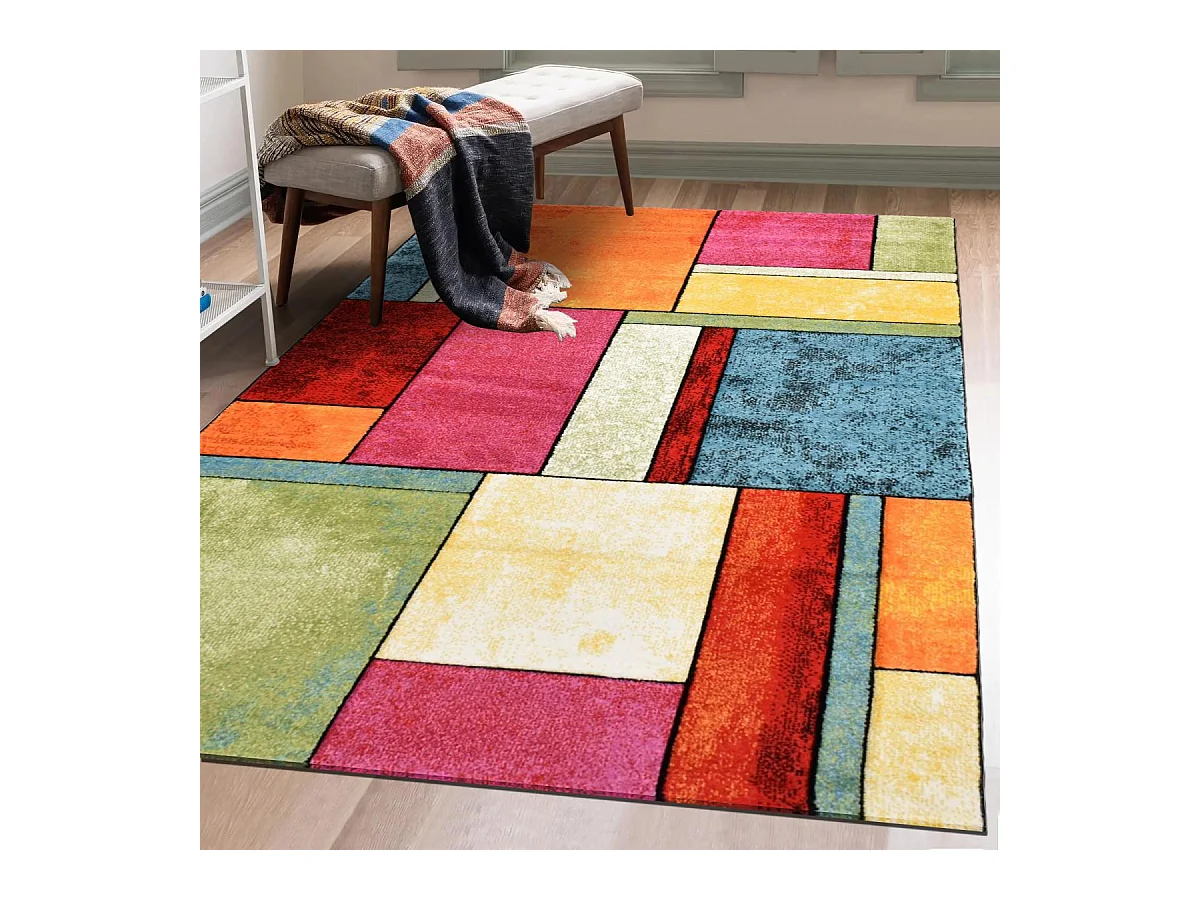 tapis salon 140x140 tissé multicolore carré motif géométrique LYN8 GEOME