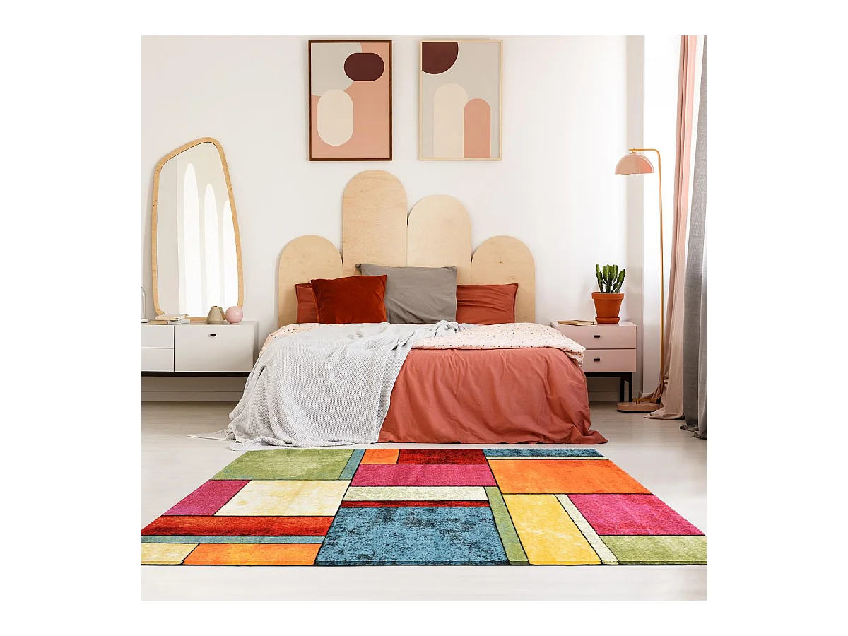 tapis salon 140x140 tissé multicolore carré motif géométrique LYN8 GEOME