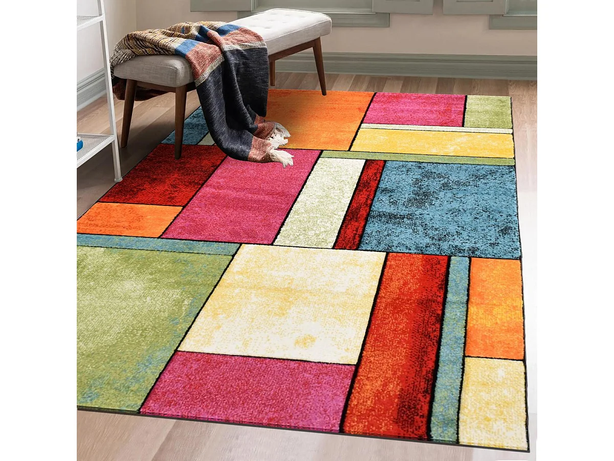 tapis salon 140x140 tissé multicolore carré motif géométrique LYN8 GEOME