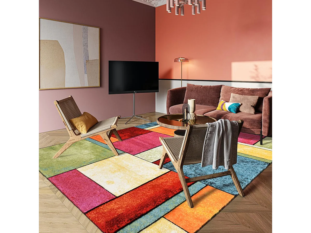 tappeto da soggiorno 140x140 tessuto motivo geometrico quadrato multicolore GEOME