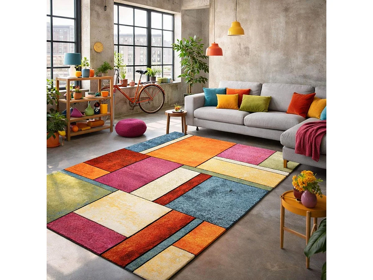 tapis salon 140x140 tissé multicolore carré motif géométrique LYN8 GEOME