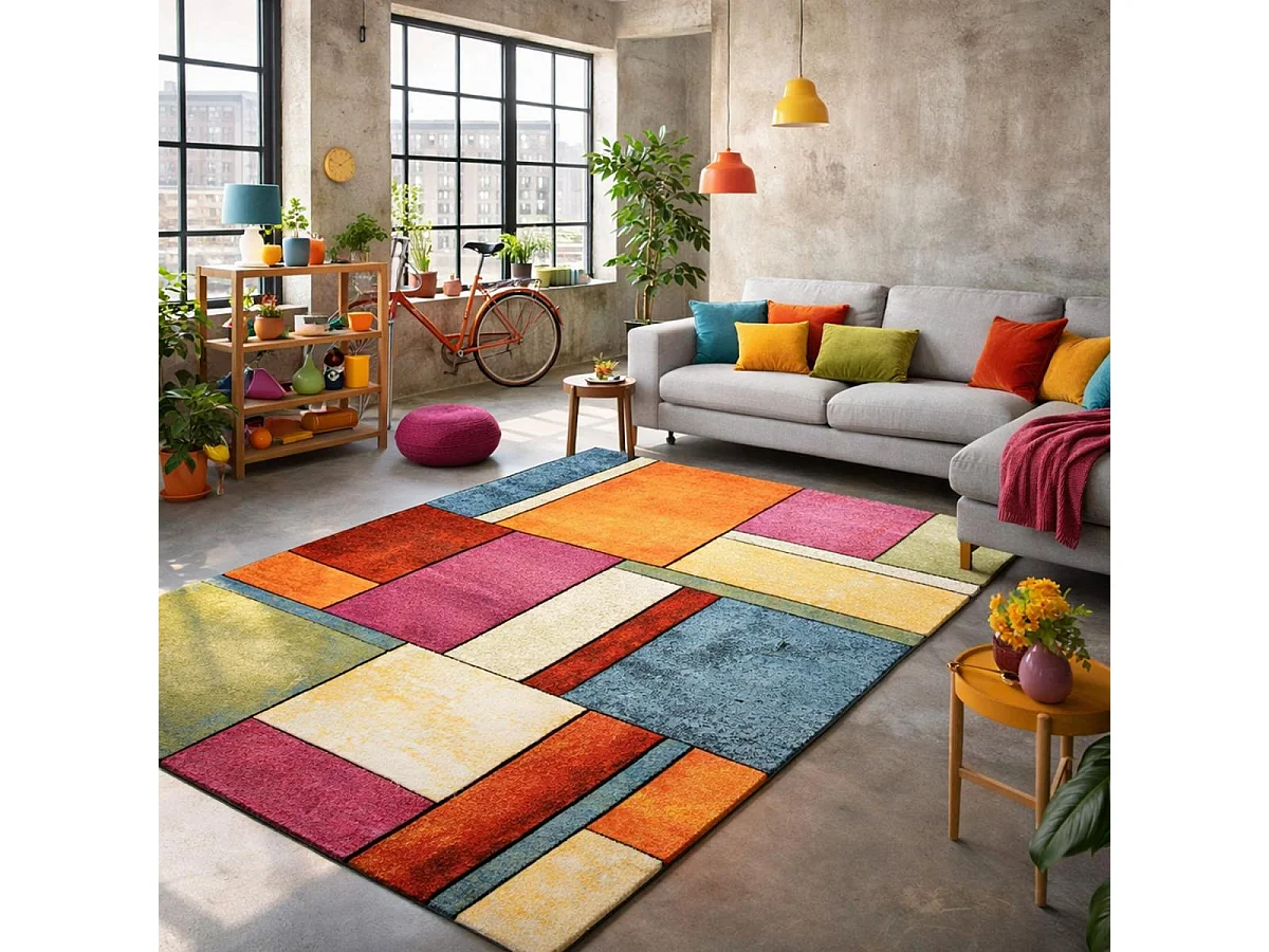 tapis salon 140x140 tissé multicolore carré motif géométrique LYN8 GEOME