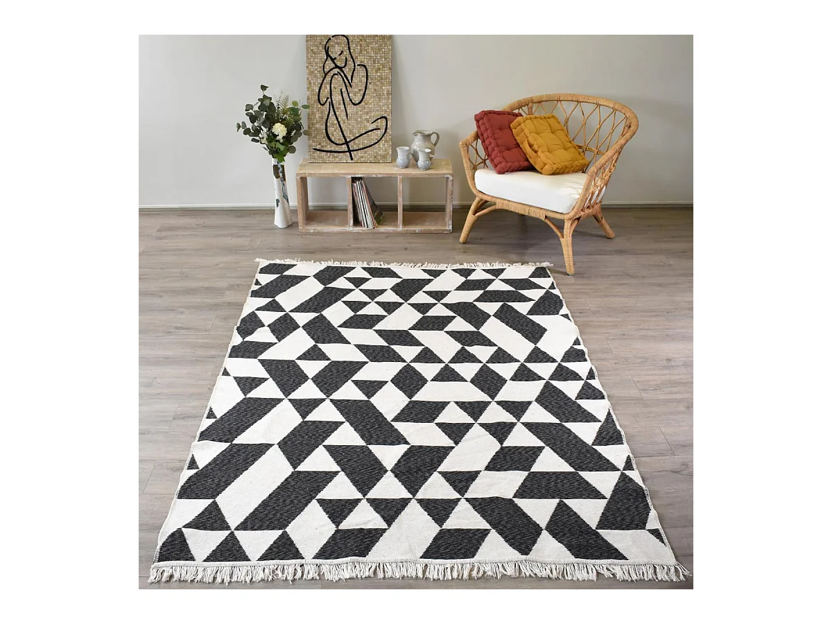 Tapis kilim reversible 200x280 en coton motif géométrique BI crème et noir
