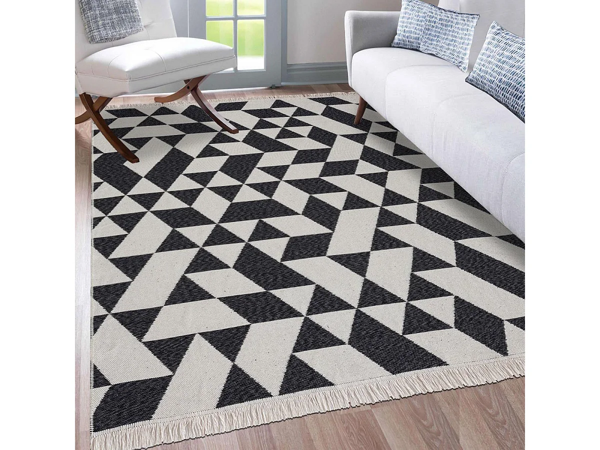 Tapis kilim reversible 200x280 en coton motif géométrique BI crème et noir