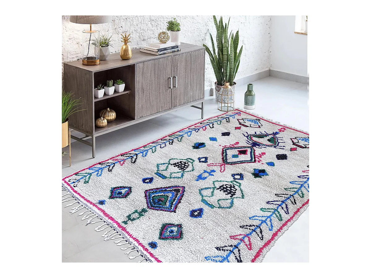 Authentique tapis berbère 160x260 fait à la main en laine crème et rouge Azilal Faraji