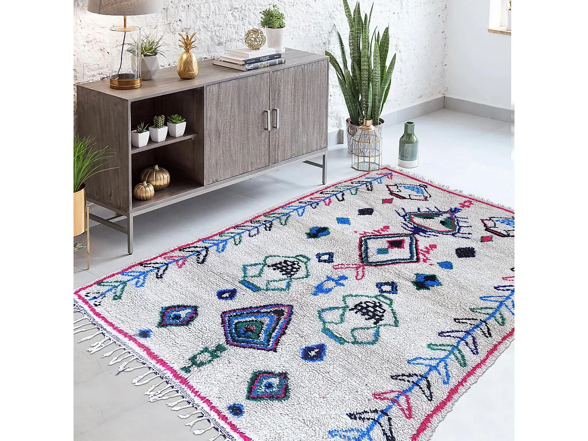 Authentique tapis berbère 160x260 fait à la main en laine crème et rouge Azilal Faraji