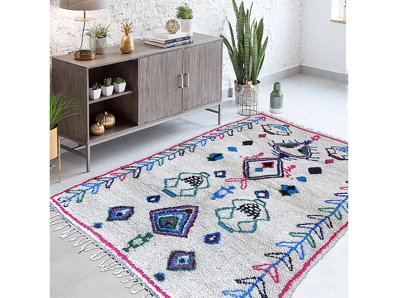 Authentique tapis berbère 160x260 fait à la main en laine crème et rouge Azilal Faraji