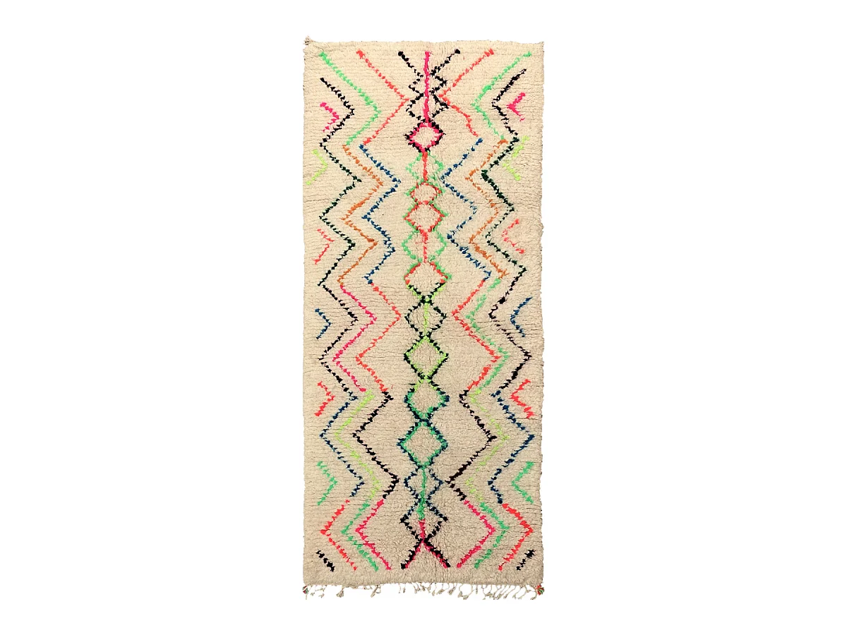Authentique tapis berbère 120x260 fait à la main en laine blanc cassé et rose AZILAL 2 motif ethnic