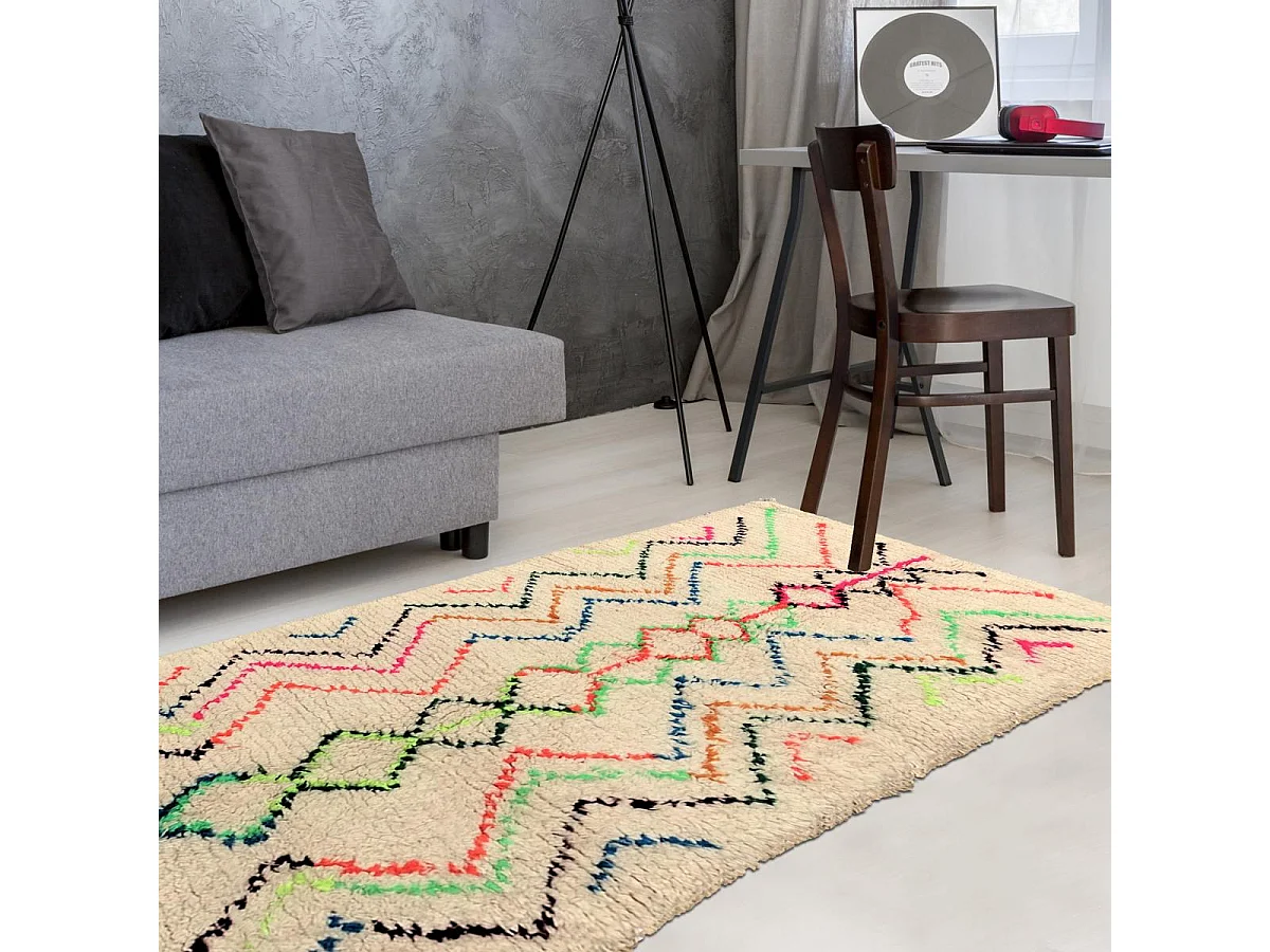 Authentique tapis berbère 120x260 fait à la main en laine blanc cassé et rose AZILAL 2 motif ethnic