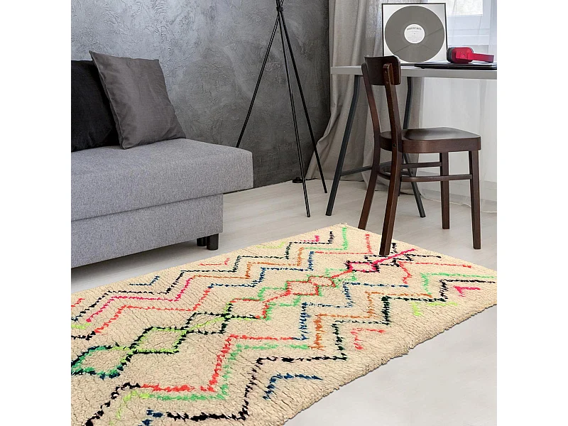 Authentique tapis berbère 120x260 fait à la main en laine blanc cassé et rose AZILAL 2 motif ethnic