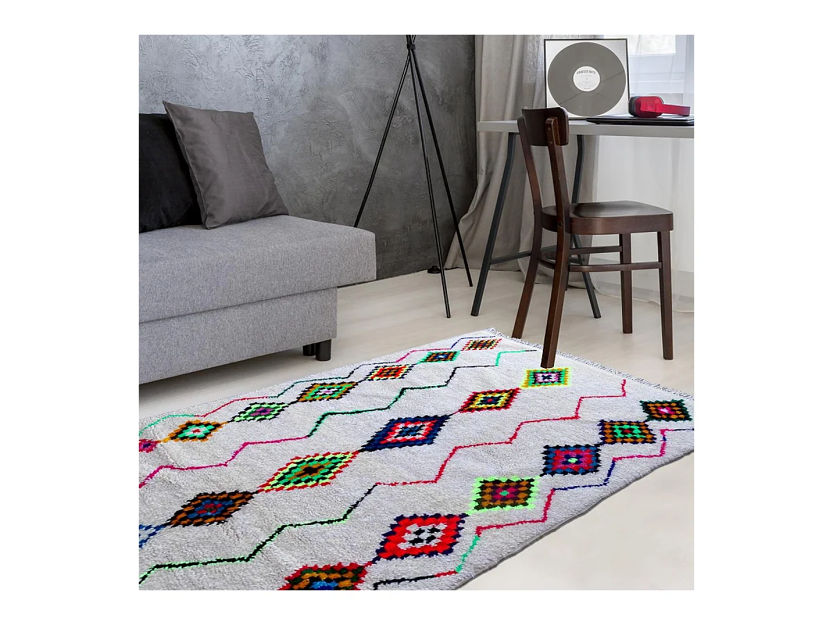 Authentique tapis berbère 160x255 fait à la main en laine blanc cassé et rose AZILAL 6 motif ethnic