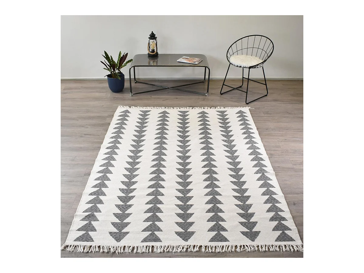 Tapis kilim reversible 120x160 en coton motif scandinave BE crème et gris