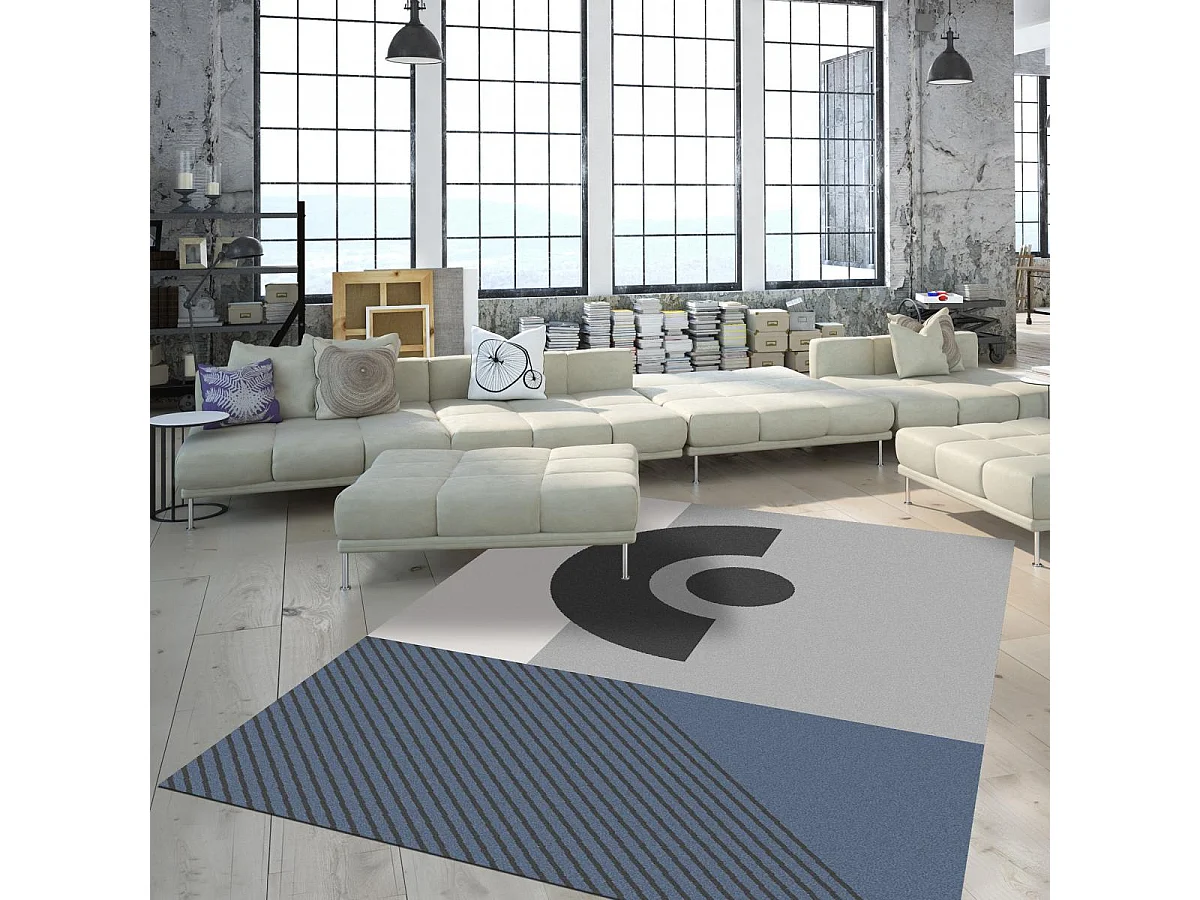 tapis chambre 120x160 tissé gris et bleu rectangle motif géométrique ELAK