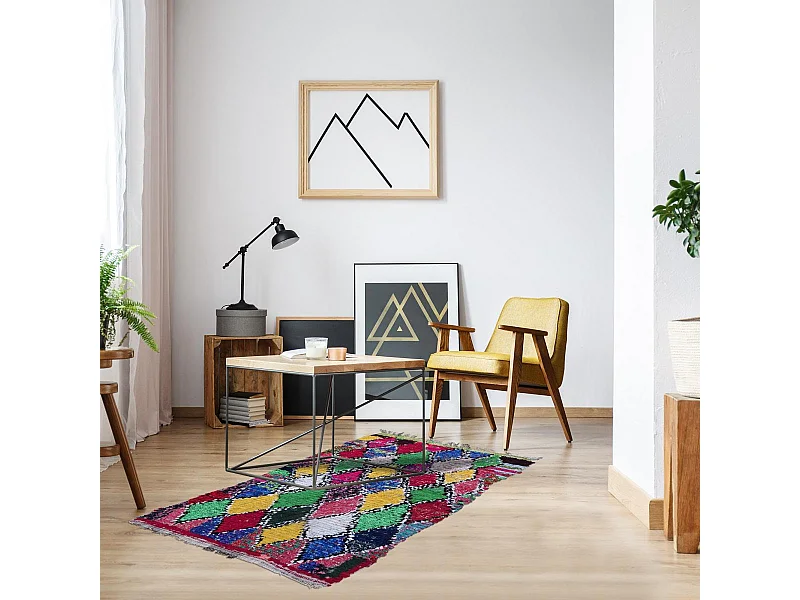 Authentique tapis berbère 110x185 fait à la main en coton jaune et bleu BOUCHAROUETTE AI