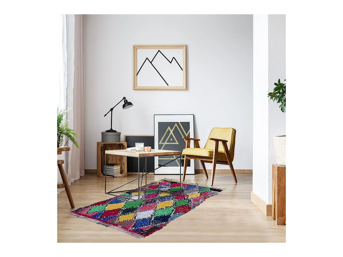 Authentique tapis berbère 110x185 fait à la main en coton jaune et bleu BOUCHAROUETTE AI