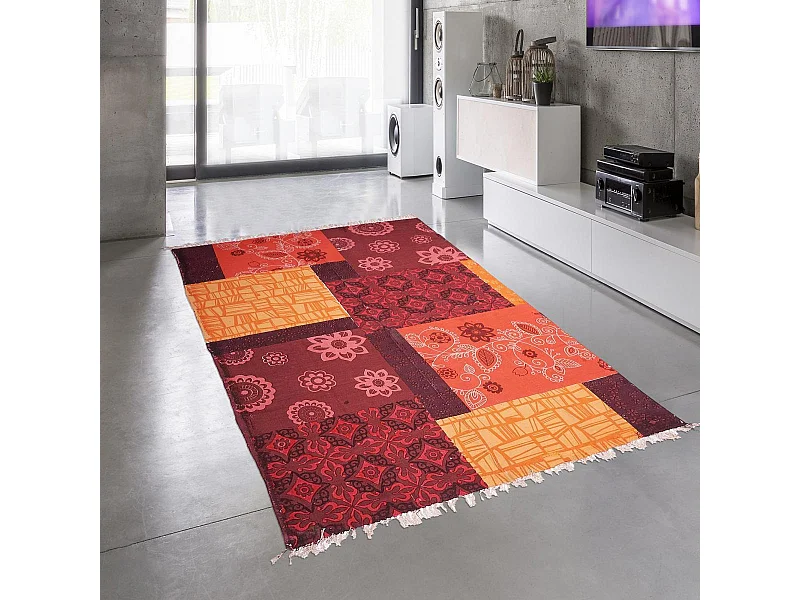 Tapis kilim 70x110 rectangle fait main en coton rouge motif ethnique