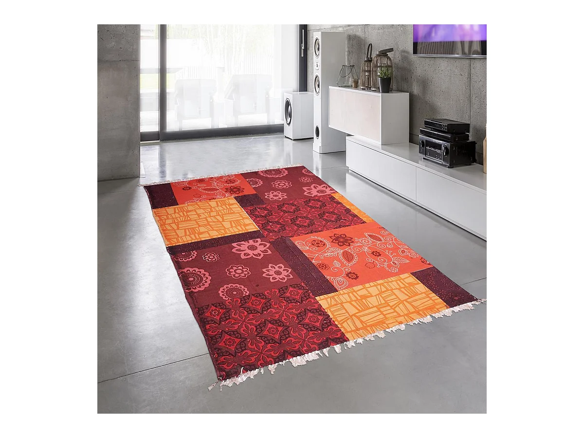 Tapis kilim 70x110 rectangle fait main en coton rouge motif ethnique