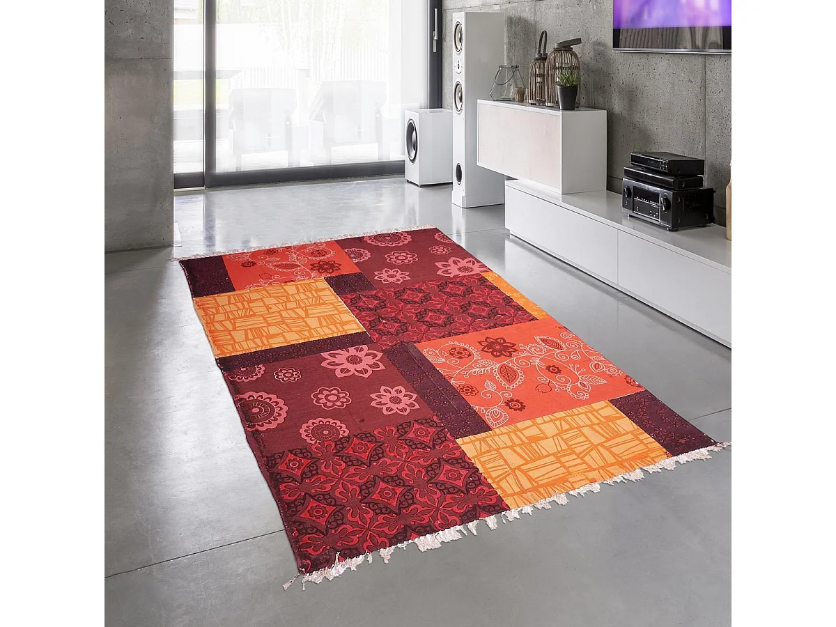 Tapis kilim 70x110 rectangle fait main en coton rouge motif ethnique