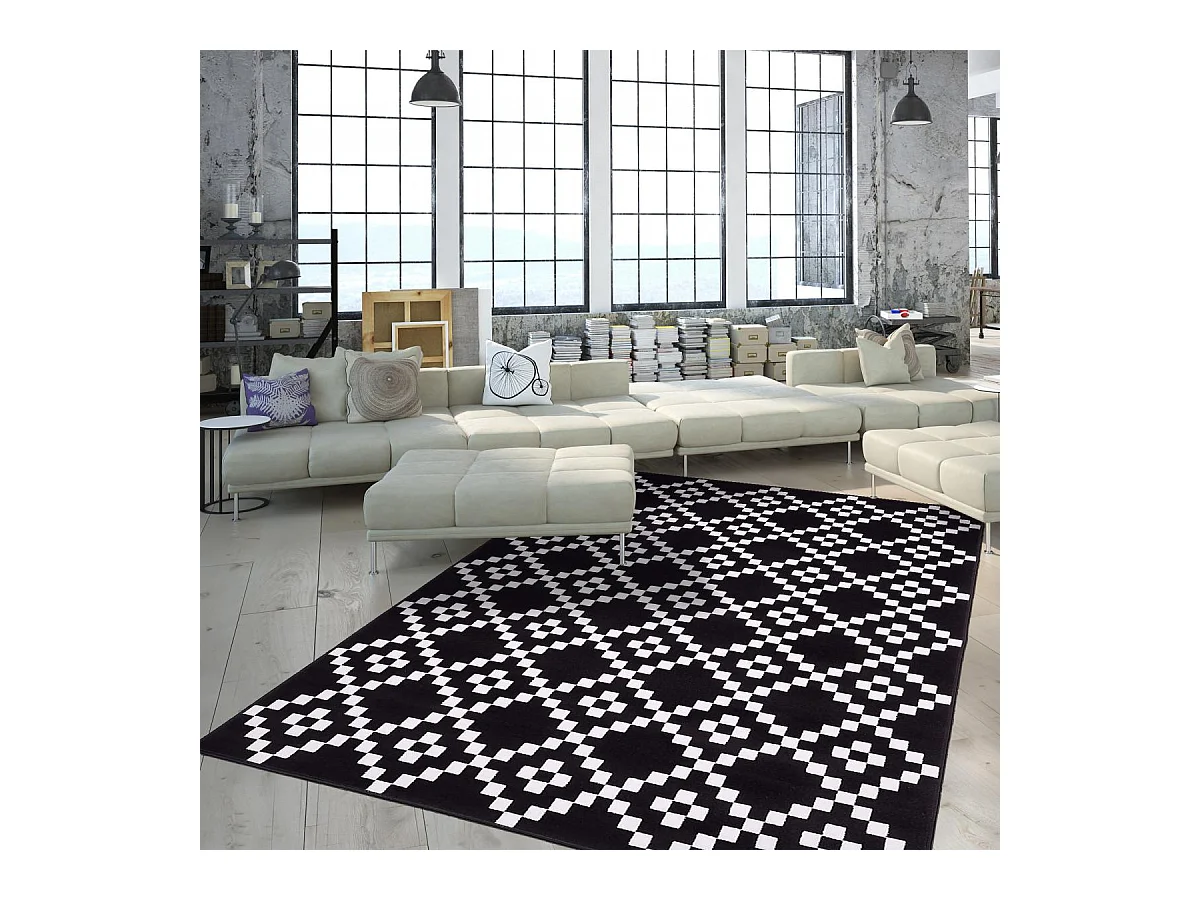 tapis chambre 190x280 tissé noir rectangle motif géométrique LYN1 LERUM
