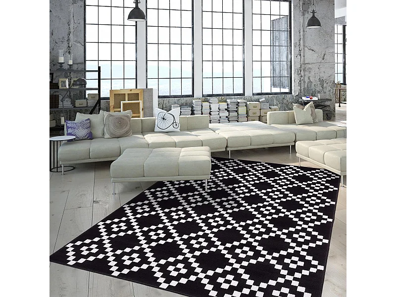 tapis chambre 190x280 tissé noir rectangle motif géométrique LYN1 LERUM