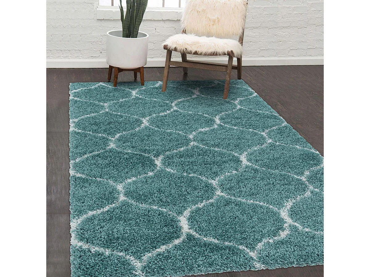 Tapis shaggy Ø200cm rond tissé turquoise et crème motif scandinave SCANDINAV A