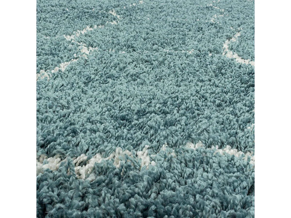 Tapis shaggy Ø200cm rond tissé turquoise et crème motif scandinave SCANDINAV A