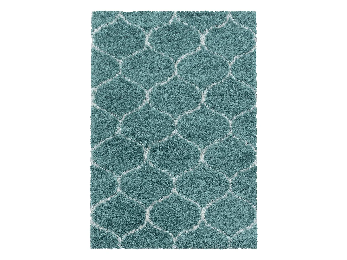Tapis shaggy Ø200cm rond tissé turquoise et crème motif scandinave SCANDINAV A